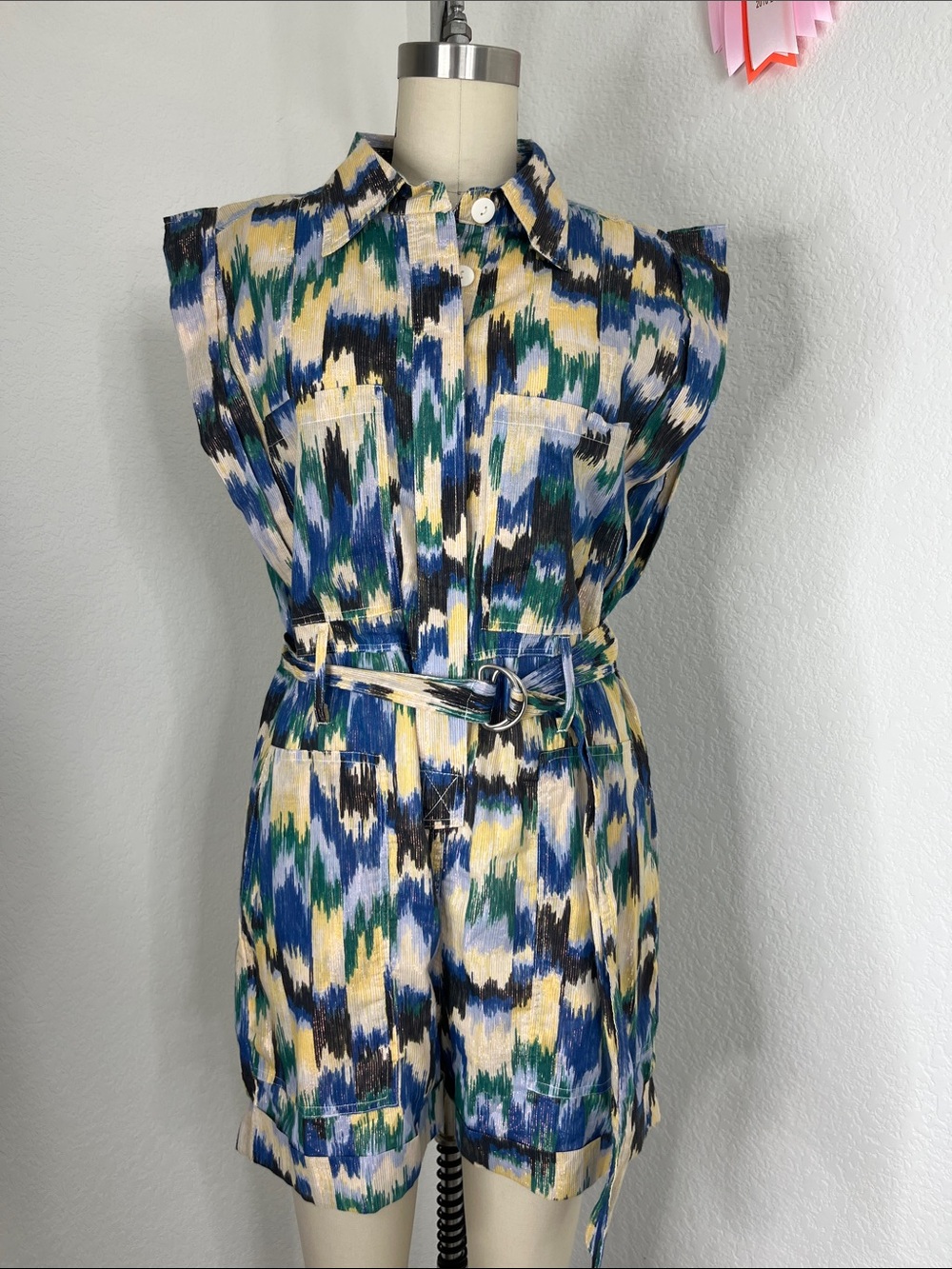 Mariacher Metallic Threaded Ikat Strong Shoulder Romper Belted D Ring Shorts